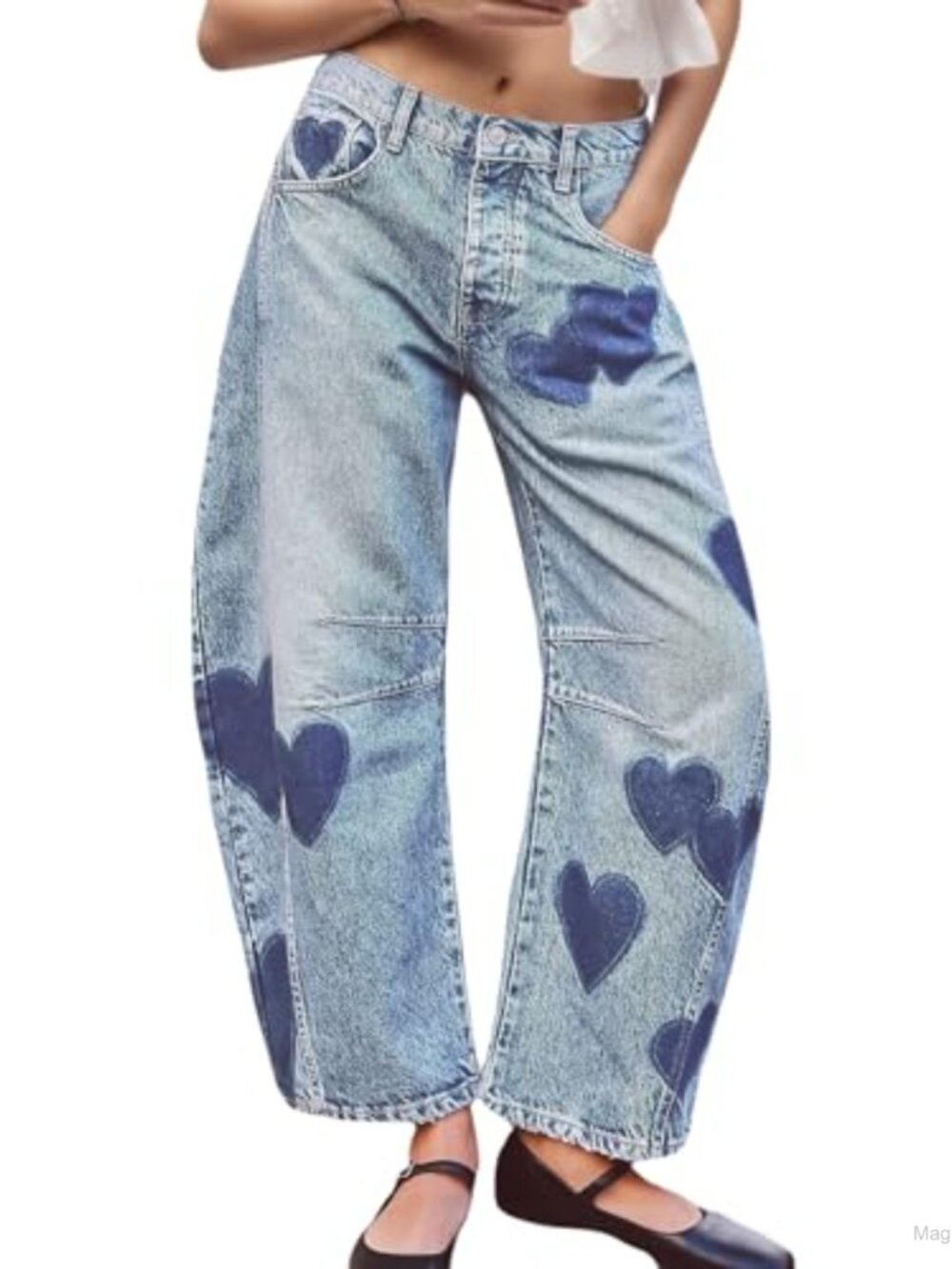 LifeShe Women's Wide Leg Baggy Low Rise Heart Barrel Boyfriend Loose Denim Jeans